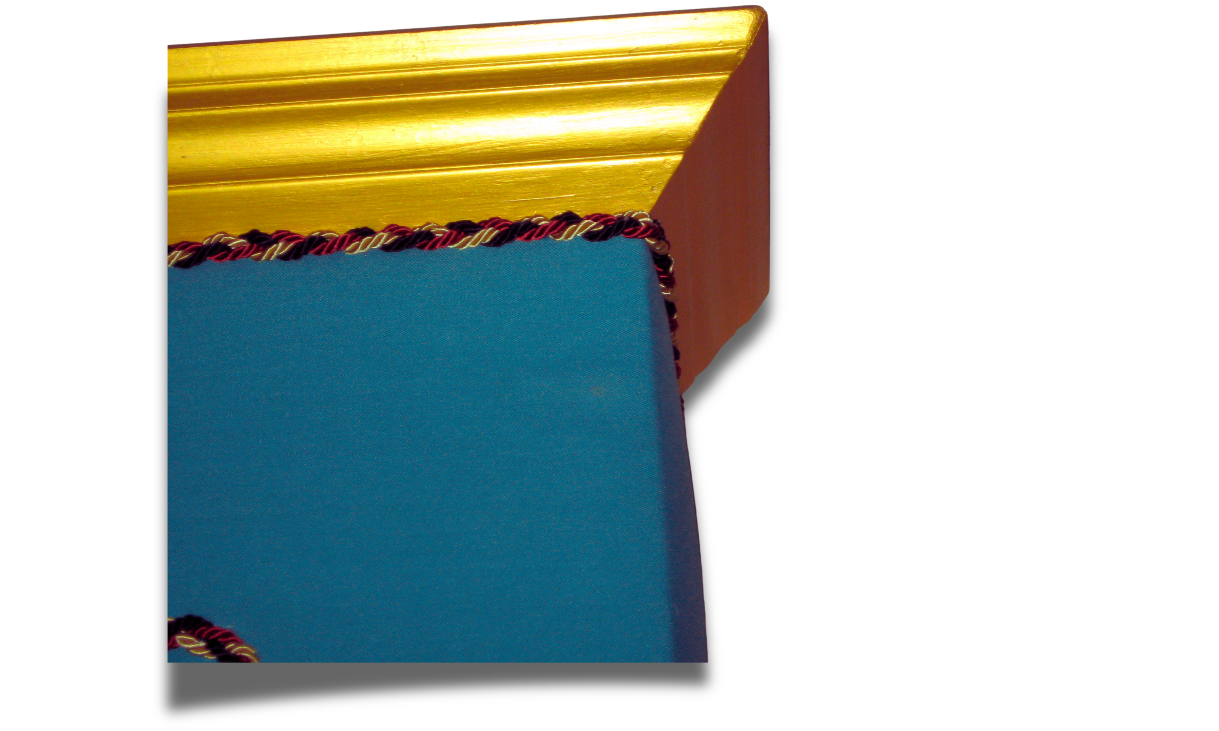 Custom Gilded Valance: Hand-crafted crown molding window treatment with a gold-leaf finish.