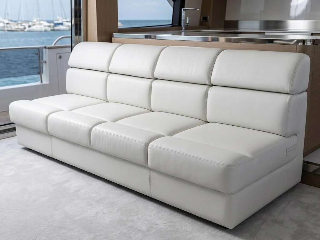 Custom white leather marine salon sofa and luxury interior yacht seating handcrafted in Fort Lauderdale by London Stitchery.