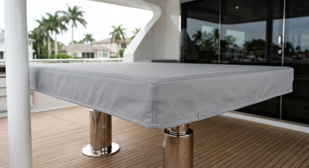 Custom grey marine exterior dining table cover and weather-resistant yacht protection handcrafted in Fort Lauderdale by London Stitchery.