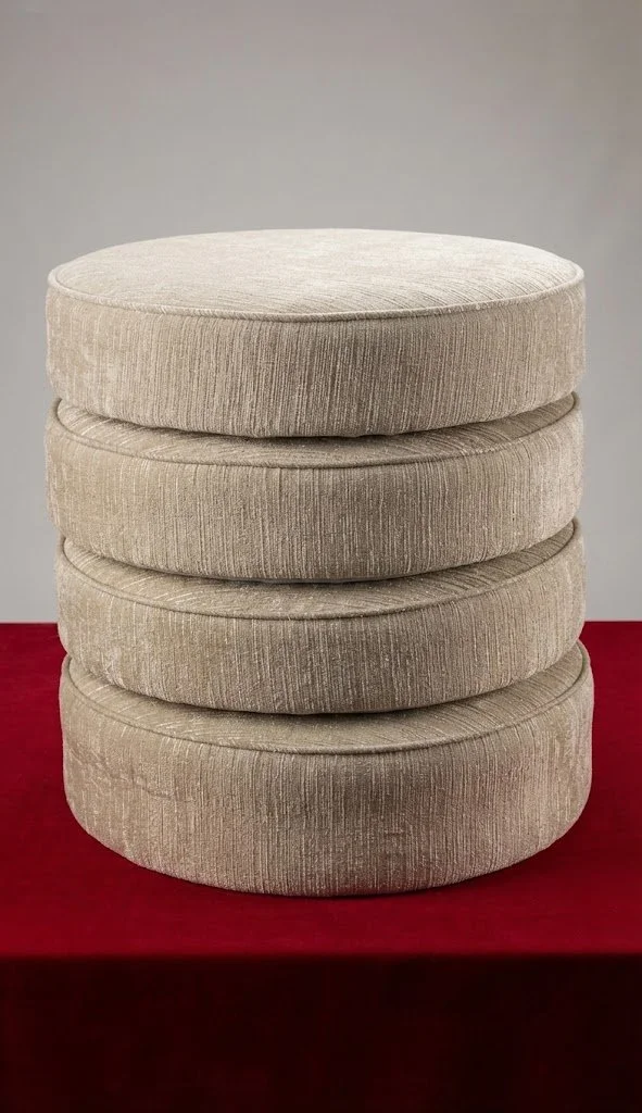 A neat stack of bespoke round cushions upholstered in textured neutral fabric, custom-crafted by London Stitchery.