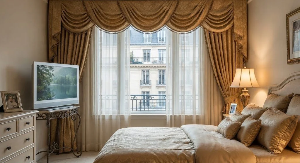 Custom-crafted traditional swags and tails window treatment featuring cascading drapery folds and intricate gold trim, hand-made for luxury interiors by London Stitchery.