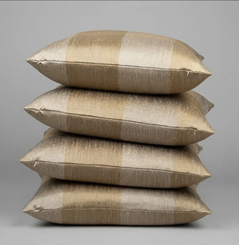 A stack of luxury designer pillows crafted from interlined silk with concealed invisible zippers, tailored by London Stitchery.