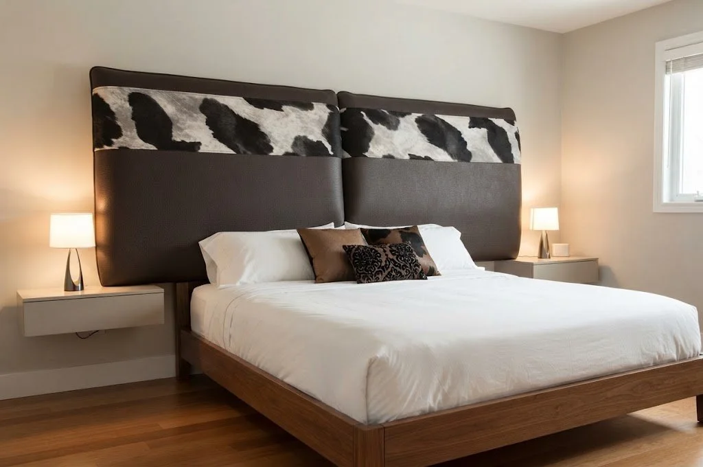 Custom cowhide and vegan leather headboard featuring a bold mixed-texture design, combining rustic pattern elements with a sleek, modern finish.