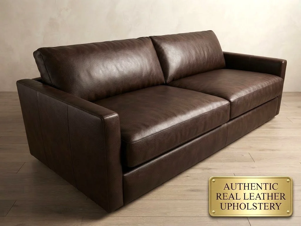 Premium custom-crafted authentic real leather sofa featuring deep, plush cushions, expert tailoring, and timeless elegance by London Stitchery.