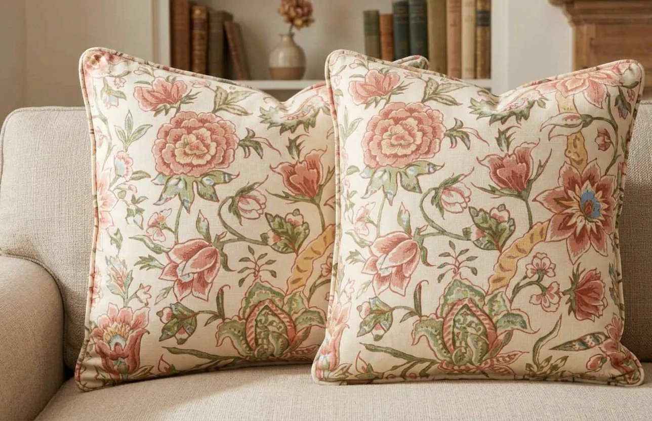 Pair of custom floral pattern throw pillows with piped edges on a neutral sofa.