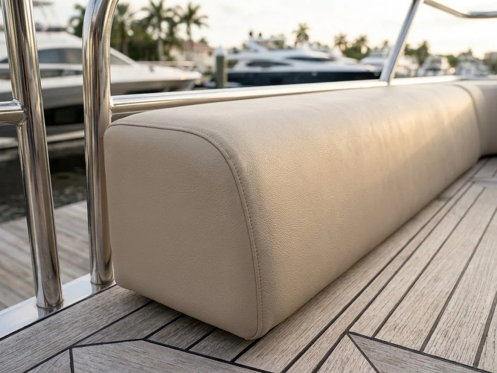 Custom beige marine bolster cushion and cockpit seating upholstery handcrafted in Fort Lauderdale by London Stitchery.