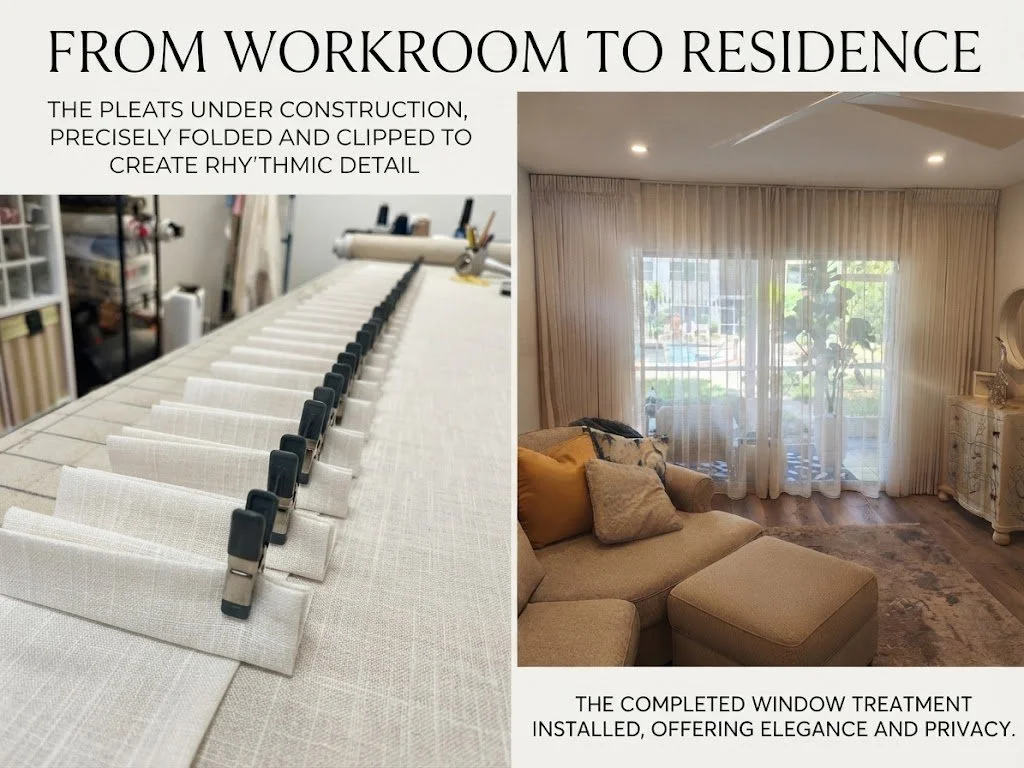 Custom pleated drapery in construction on a workroom table alongside the finished luxury installation in a South Florida home.