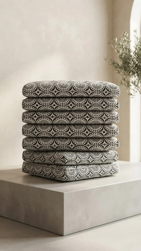 Custom black and white patterned cushions crafted by London Stitchery for luxury yacht deck chairs and marine interiors.