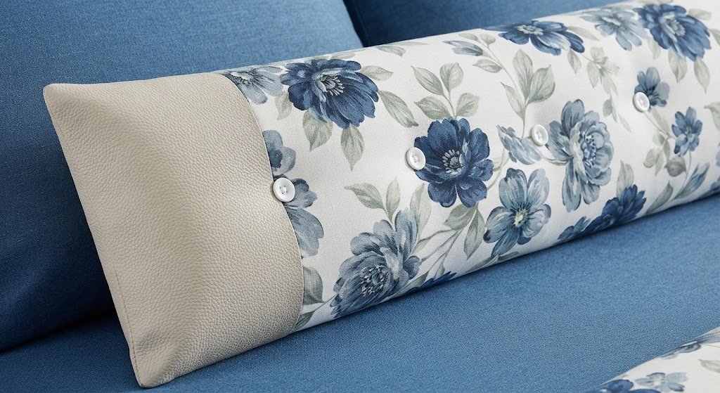 Custom decorative throw pillow featuring a sophisticated blend of patterned fabric paired with sleek vegan leather accents.