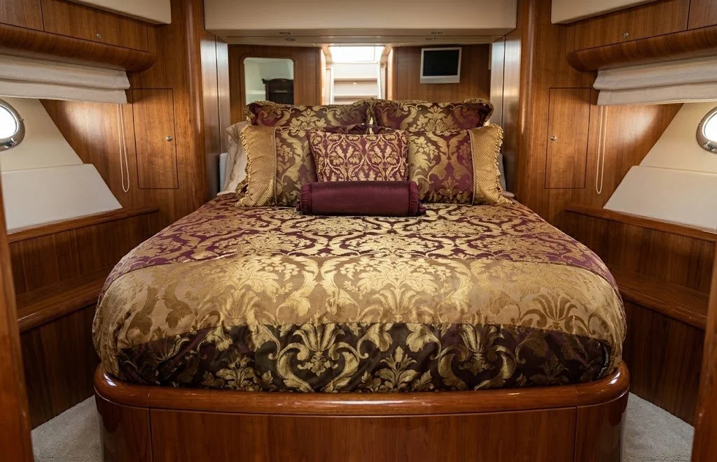 Custom master cabin quilt cover, pillow shams, and designer throw pillows with sheets adapted for a round mattress shape handcrafted in Fort Lauderdale by London Stitchery.