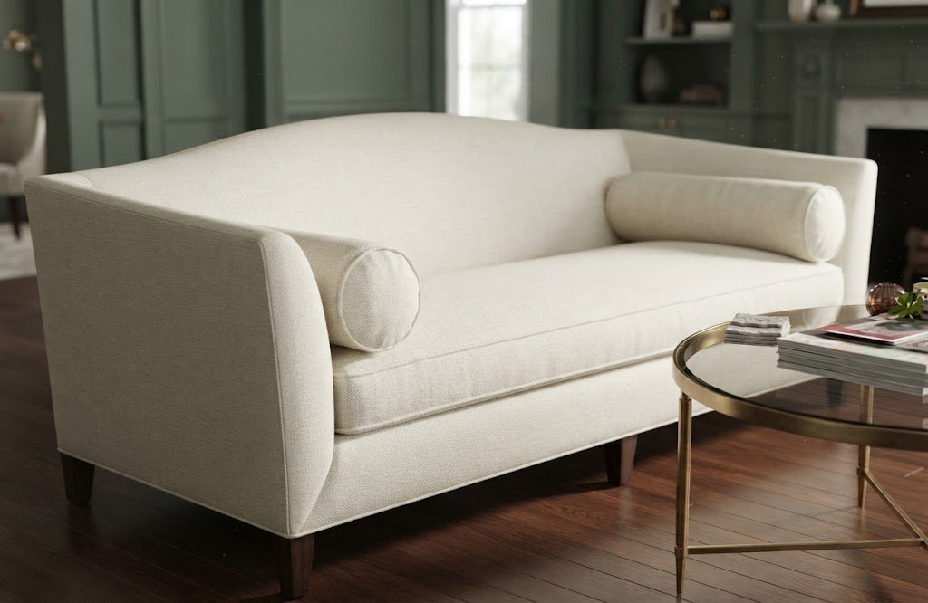 A custom-upholstered modern two-seater sofa featuring clean lines, premium neutral fabric, and matching bolster pillows, handcrafted in our South Florida workroom.