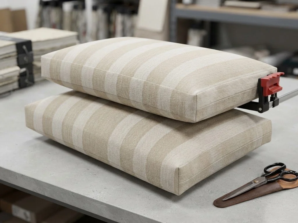 Custom bench cushions crafted from durable woven neutral fabric with meticulously aligned stripes, tailored on the worktable at London Stitchery.