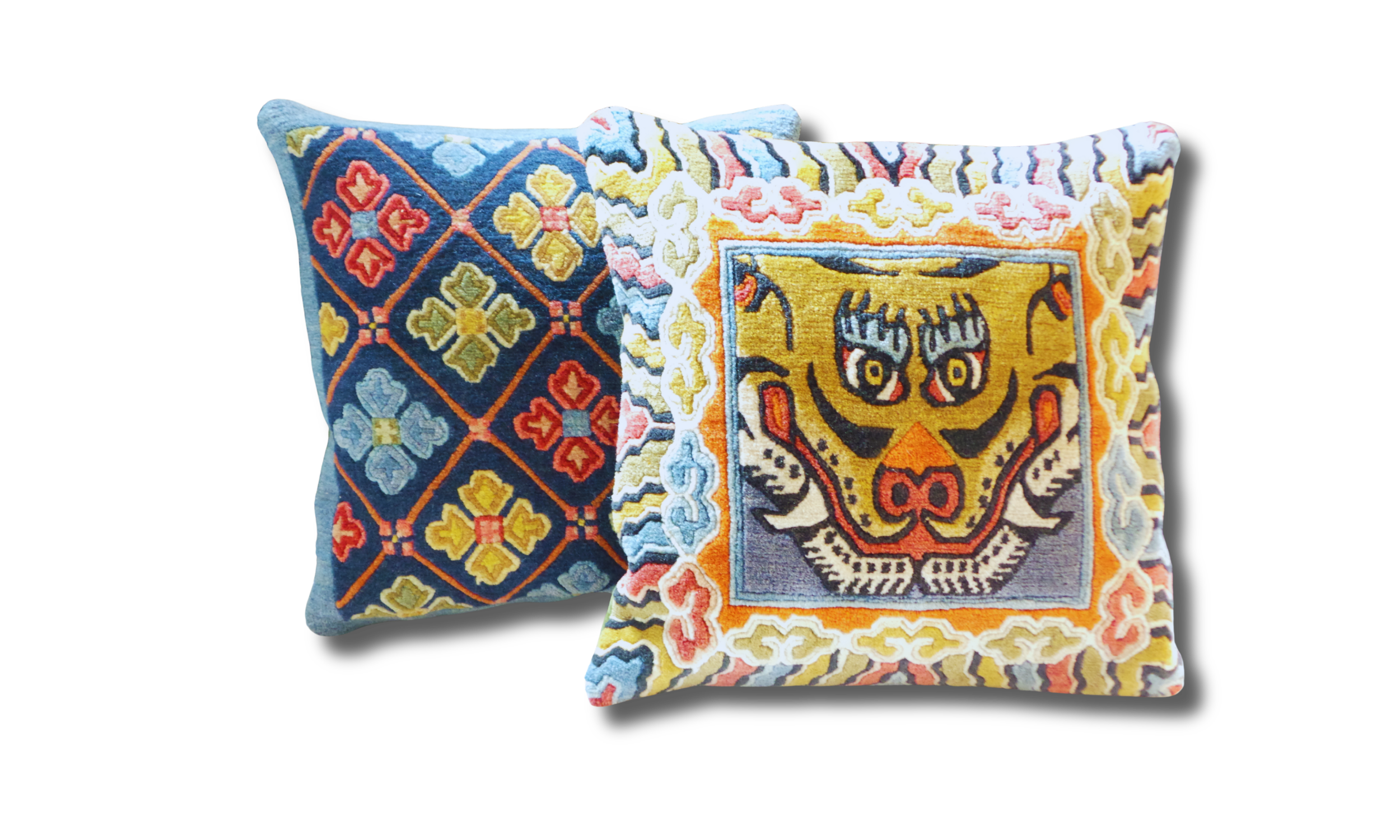 Accent pillows repurposed from vintage hand-twisted Tibetan silk rugs. 