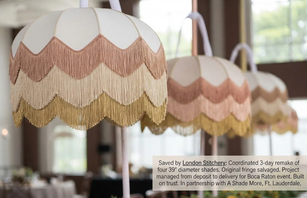 Handcrafted 39-inch tiered fringe lampshades featuring custom neutral tones, Project coordinated by London Stitchery with original fringe salvaged and professionally remade for a high-end event space.