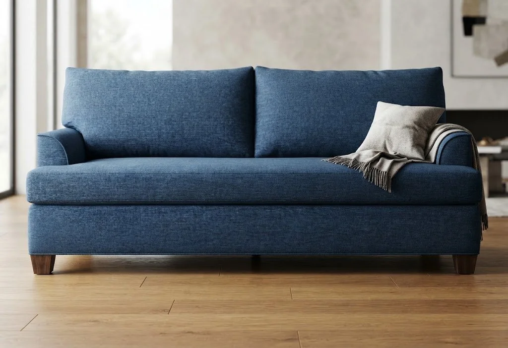 Custom-upholstered oversized Robert Allen sofa featuring a vibrant, deep sapphire bright blue fabric, expertly tailored and