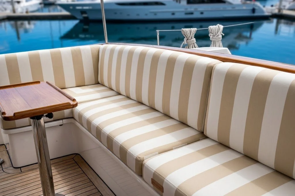 Custom beige-and-white striped marine corner booth seating and yacht exterior upholstery custom-made in Fort Lauderdale by London Stitchery.