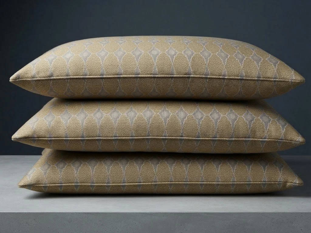 A stack of bespoke designer pillows crafted from geometric patterned fabric with clean knife-edge tailoring, custom-made by London Stitchery.