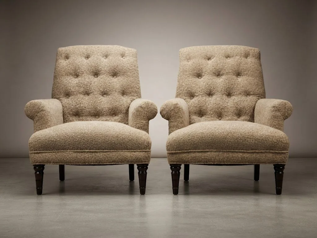 Custom-upholstered tufted armchairs crafted in the latest trending faux burnt wool fabric, featuring deep button tufting and bespoke tailoring by London Stitchery.