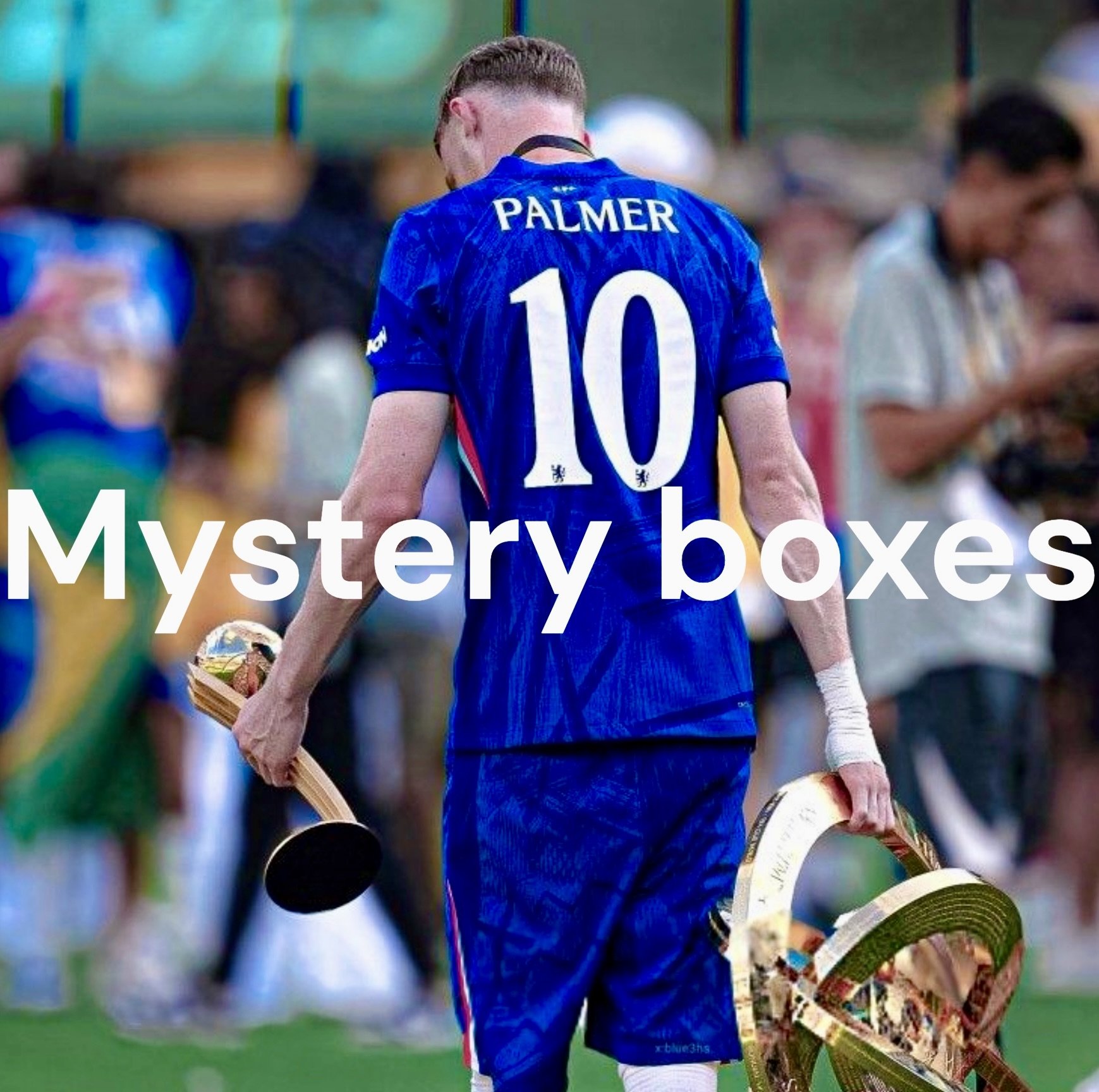 A soccer player wearing a blue jersey with the name Palmer and the number 10 on the back, holding a trophy in one hand and a gold medal in the other, surrounded by blurred spectators.