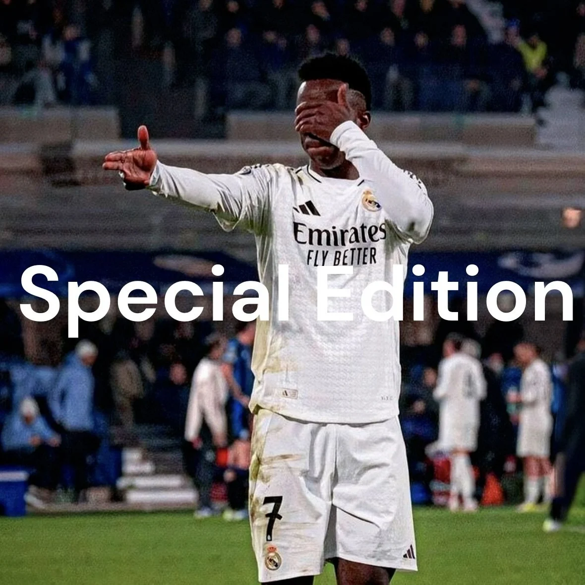 A soccer player wearing a white Real Madrid jersey with the number 7, covering his face with one hand while pointing with the other hand on a soccer field with spectators in the background. The text overlays say 'Special Edition.'