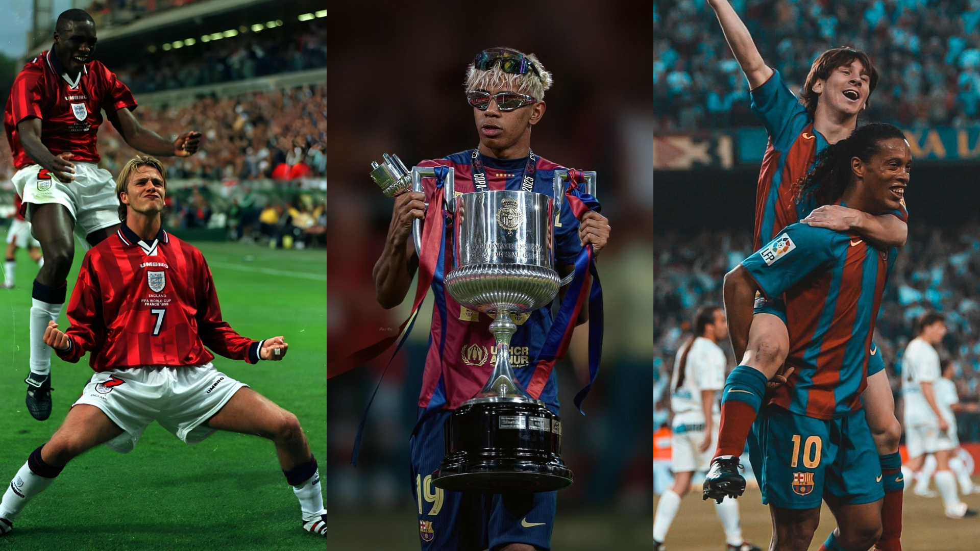 Collage of three soccer scenes: on the left, a player in a red jersey celebrates with a teammate on the field; in the center, a young man in a Barcelona jersey holds up a large trophy; on the right, two players from FC Barcelona celebrate, one piggybacking the other, on a soccer field.