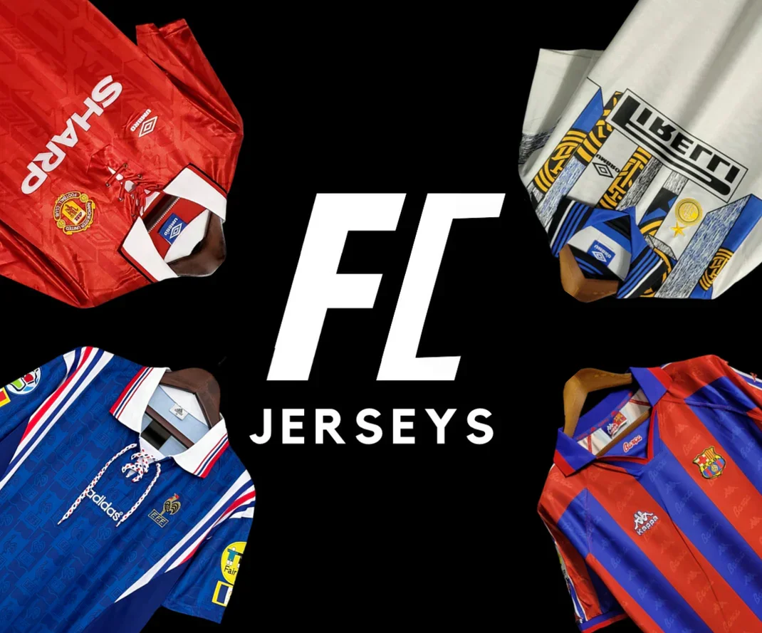 Four soccer jerseys from different teams arranged around a black background with the text 'FC Jerseys' in the center.