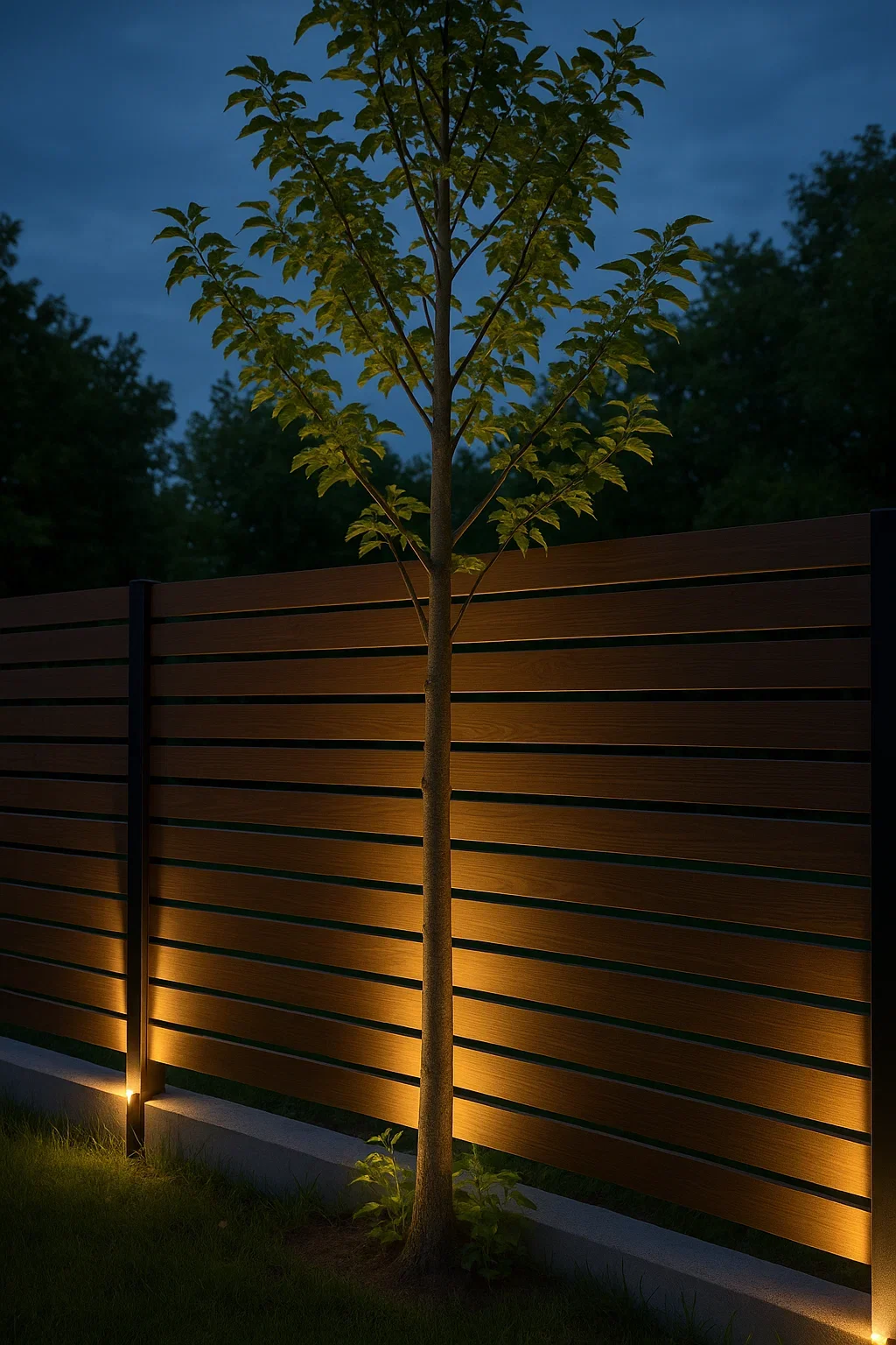 A young tree with green leaves illuminated by outdoor lighting in front of a wooden fence during dusk or night.