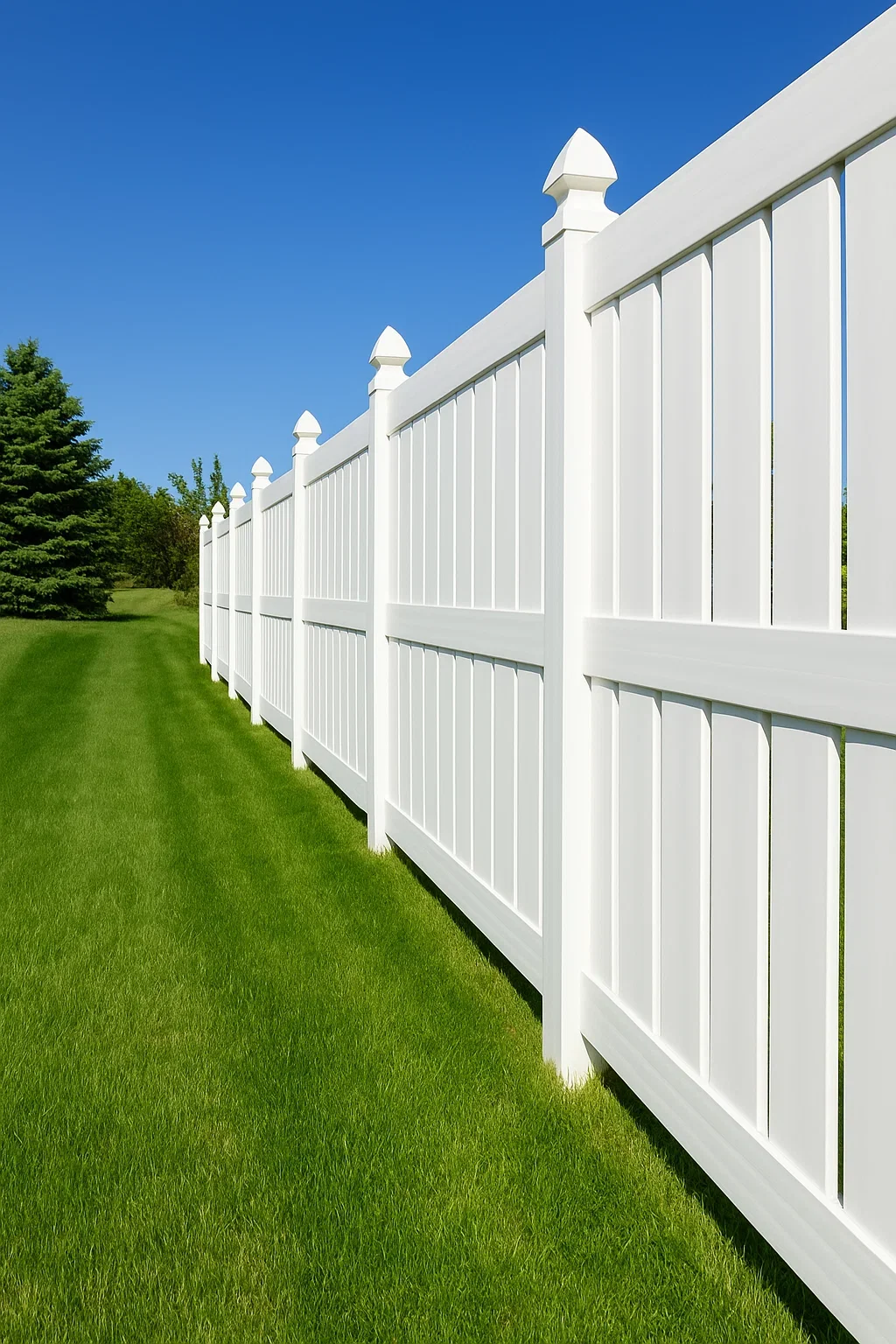 A white privacy fence along a lush green lawn under a clear blue sky.