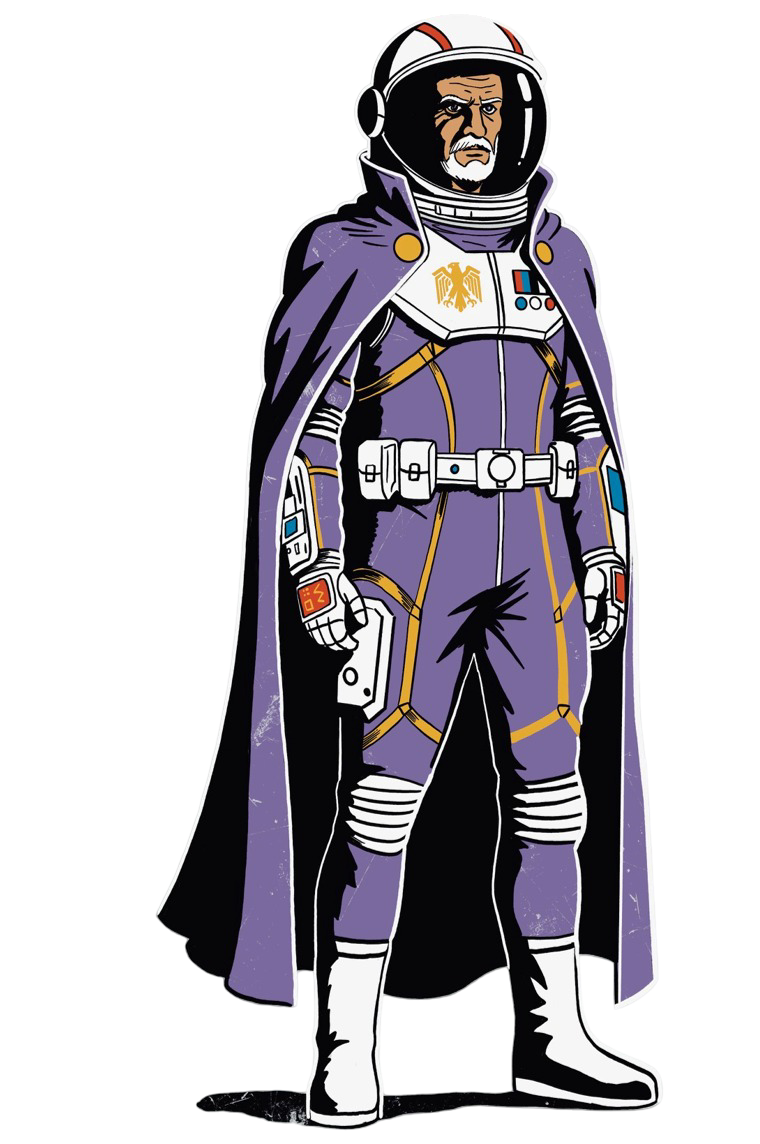 Cartoon illustration of a man in a purple space suit with a cape, wearing a helmet, holding a badge in his right hand, and standing in a confident pose.