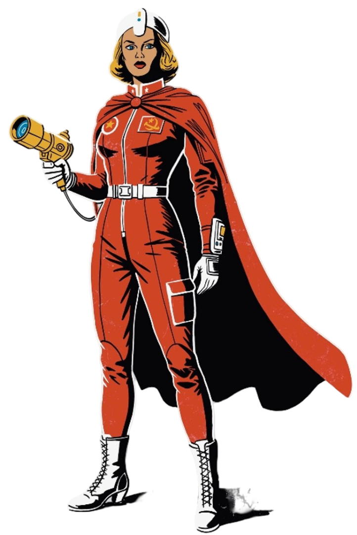 A comic book-style female character in a red jumpsuit with a cape, wearing a helmet with an emblem, holding a futuristic gun, standing confidently.