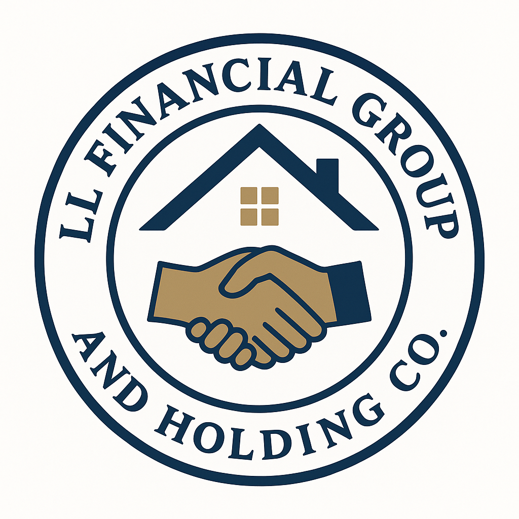 Logo for L Financial Group and Holding Co., featuring a house, handshake, and circular text.
