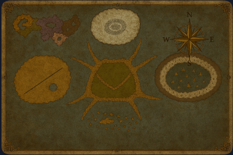 A map with various islands and features, including a compass rose pointing north, and different terrain types marked with colors and symbols.