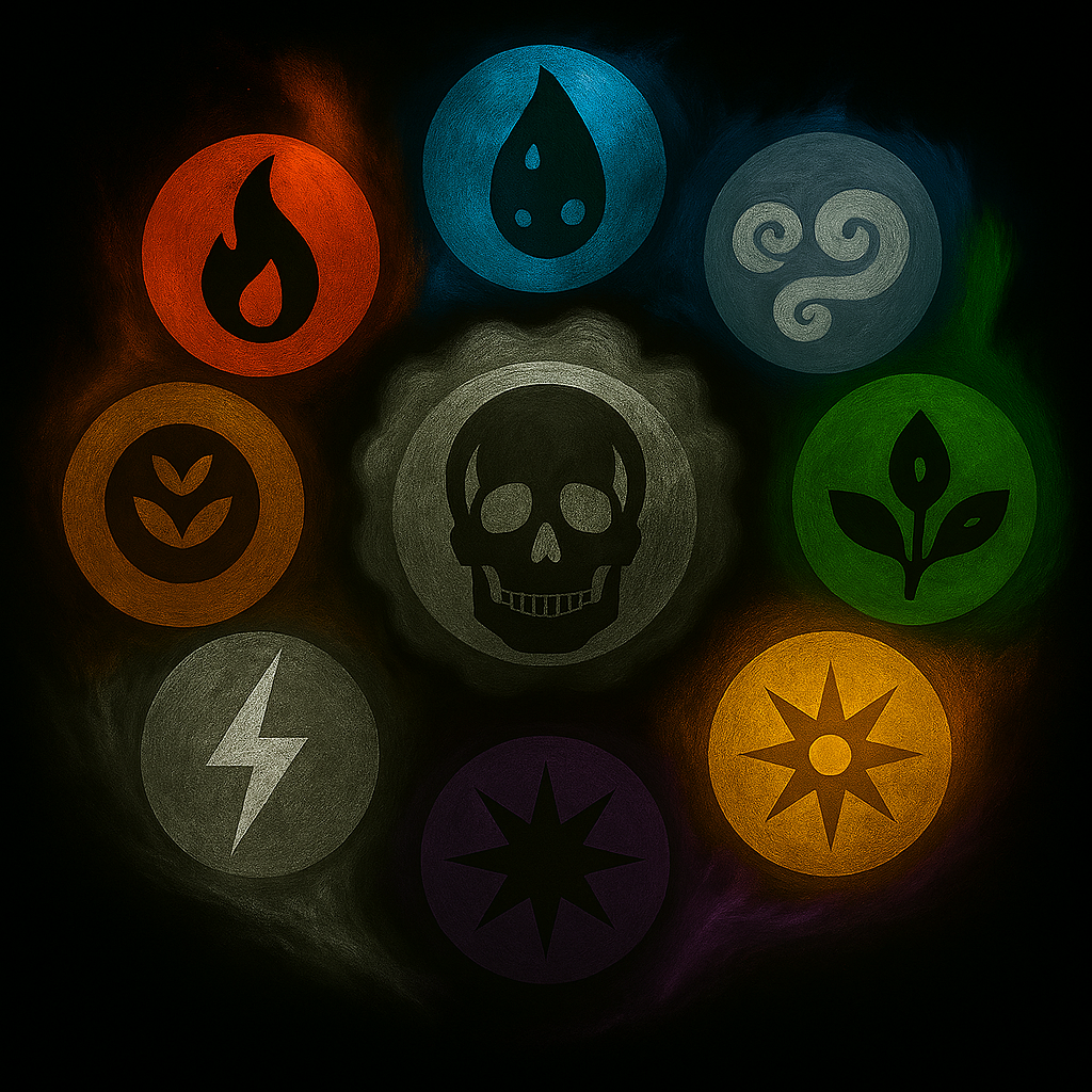 A central skull icon surrounded by ten colored circular icons representing different elements or powers, including fire, water, wind, earth, lightning, darkness, light, energy, and space, against a dark background.