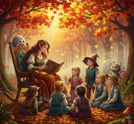 A fairy tale scene of a woman reading a book to children and creatures in a colorful autumn forest.