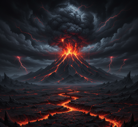 A volcano erupting with lava flowing down its sides, dark stormy sky with lightning and ash clouds.
