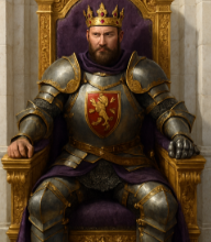 A man dressed as a king, wearing a golden crown and ornate armor, sitting on a throne with a purple cushion.