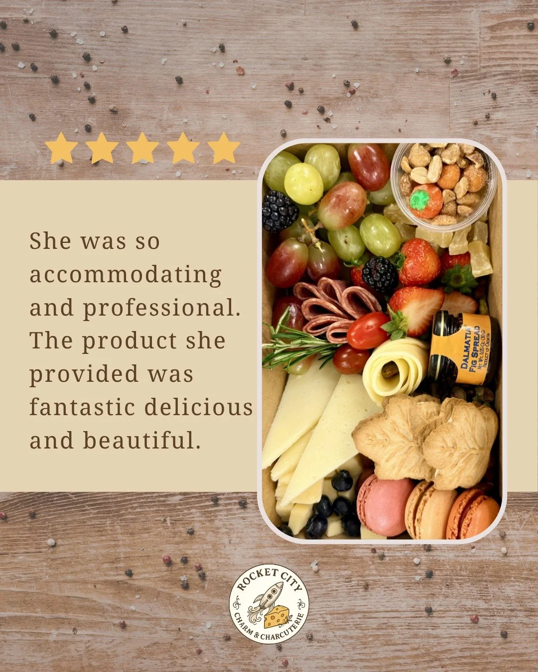 5 stars and honestly, we're blushing! 🌟

"Accommodating, professional, fantastic, delicious, and beautiful." this is why we pour so much love into every single box and board we put together.

Reviews like this mean the world to us and remi