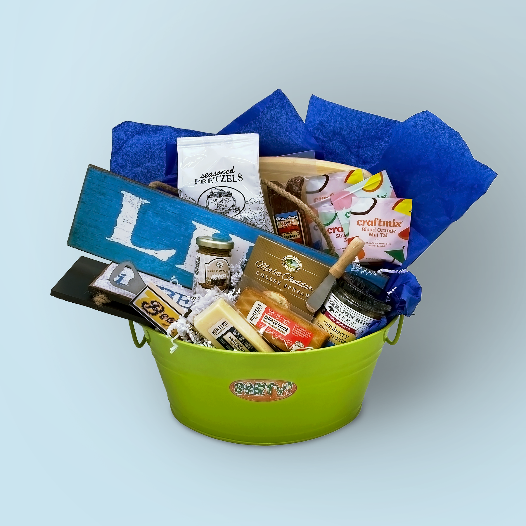 Assorted snacks, treats and "lake" items made a fun host/hostess gift for friends sharing their lake house. 