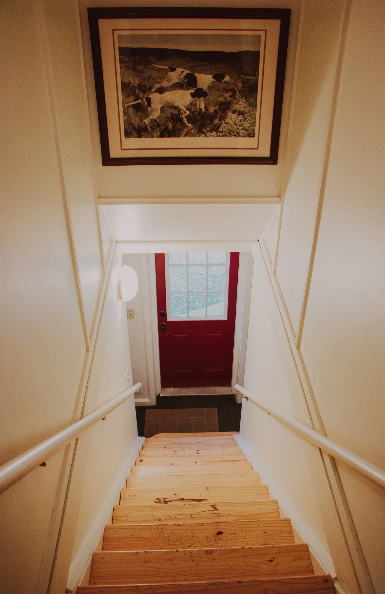 View of a staircase leading down to a red front door with a window pane. A framed picture of dogs running in a field hangs on the wall at the top of the stairs.
