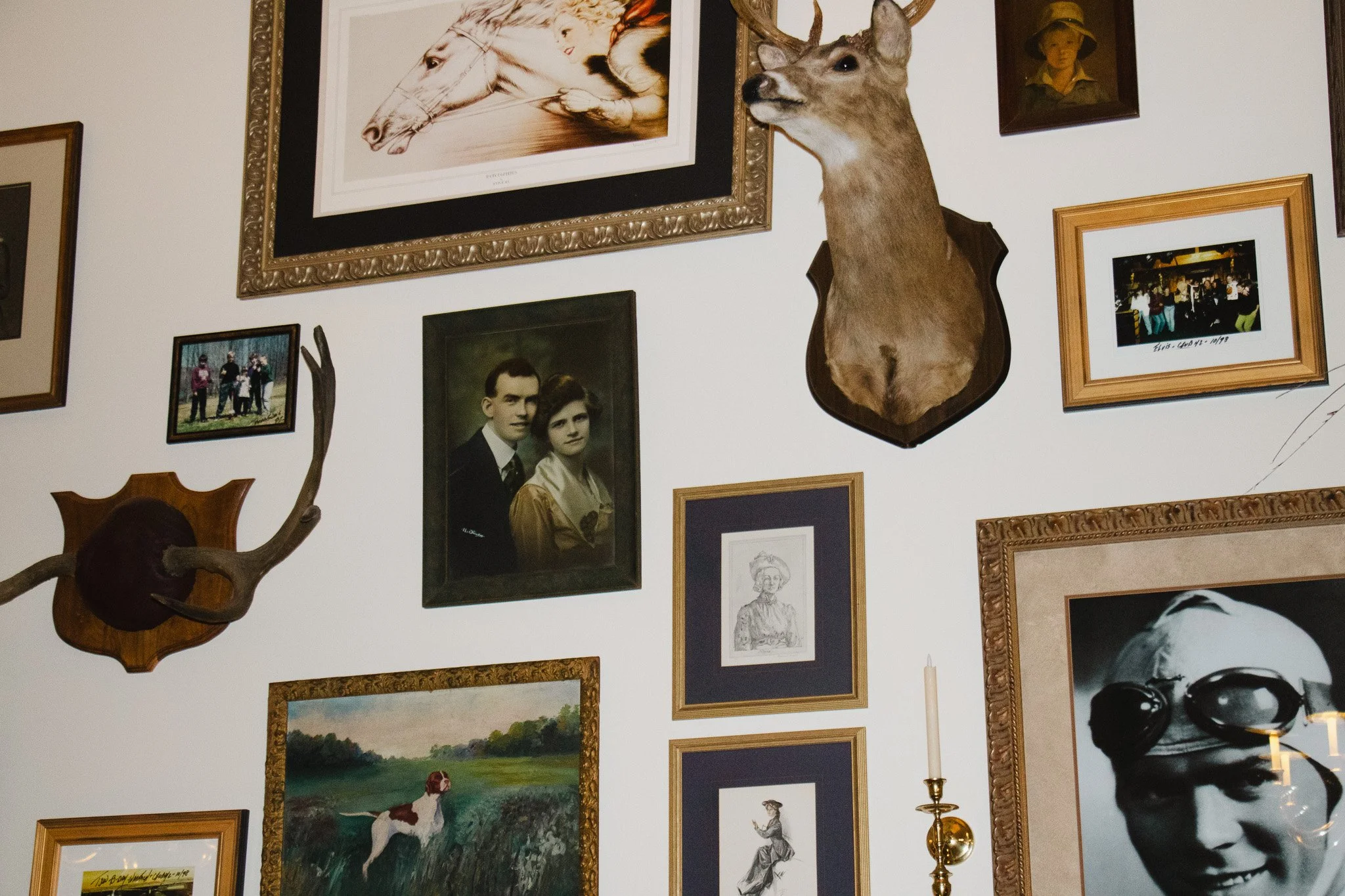 A gallery wall with framed photographs, paintings, and a mounted deer head with antlers. The images include a dog painting, a family portrait, a sketch, a landscape with a dog, and several smaller pictures, with a brass candle holder in the corner.
