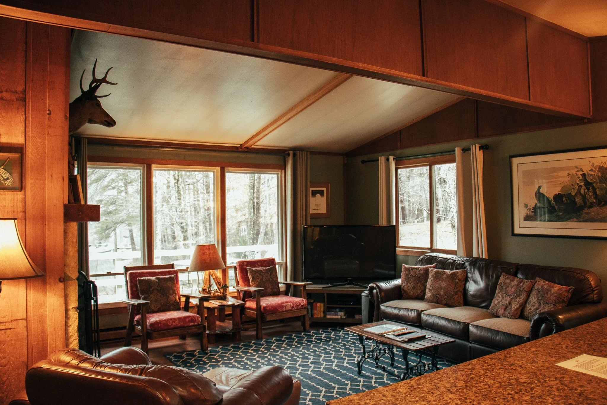 Living room with large windows showing a snowy outdoor scene, a mounted deer head on the wall, a leather sofa with patterned pillows, a TV, a patterned rug, and chairs with wooden frames and red upholstered cushions.