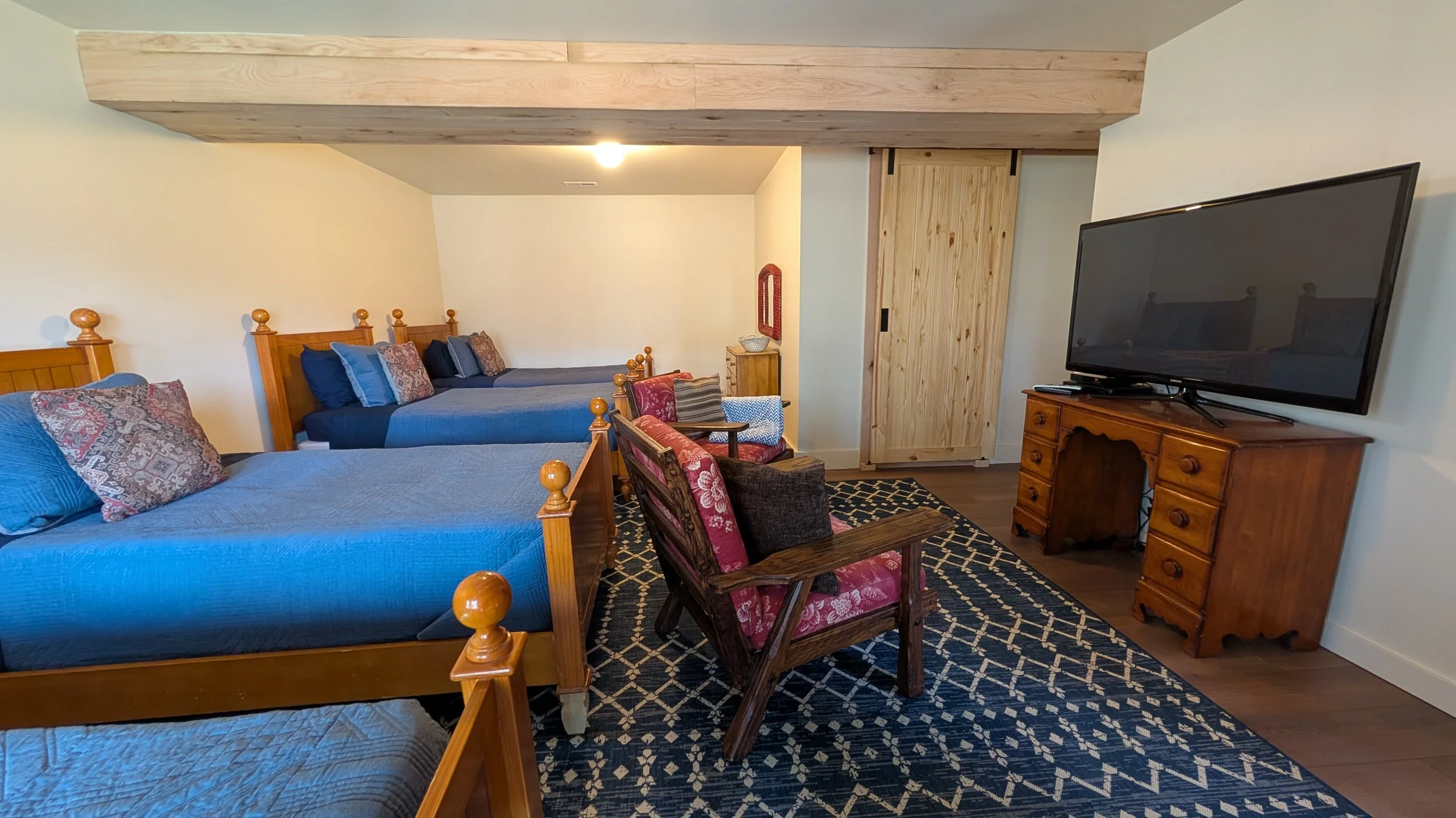 Basement bedroom with four twin beds, bathroom with shower stall and television.