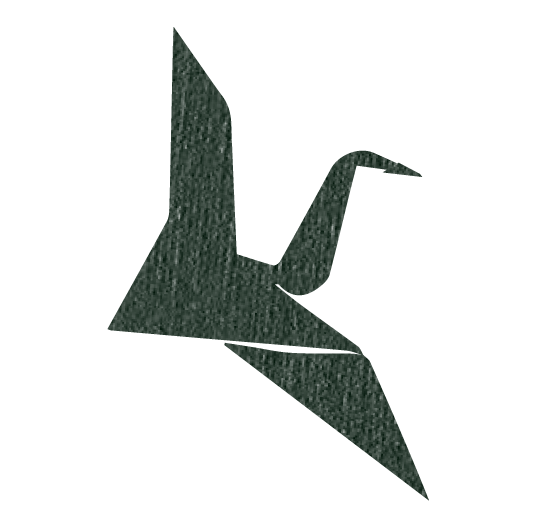 Silhouette of a paper origami crane in a dark green color.
