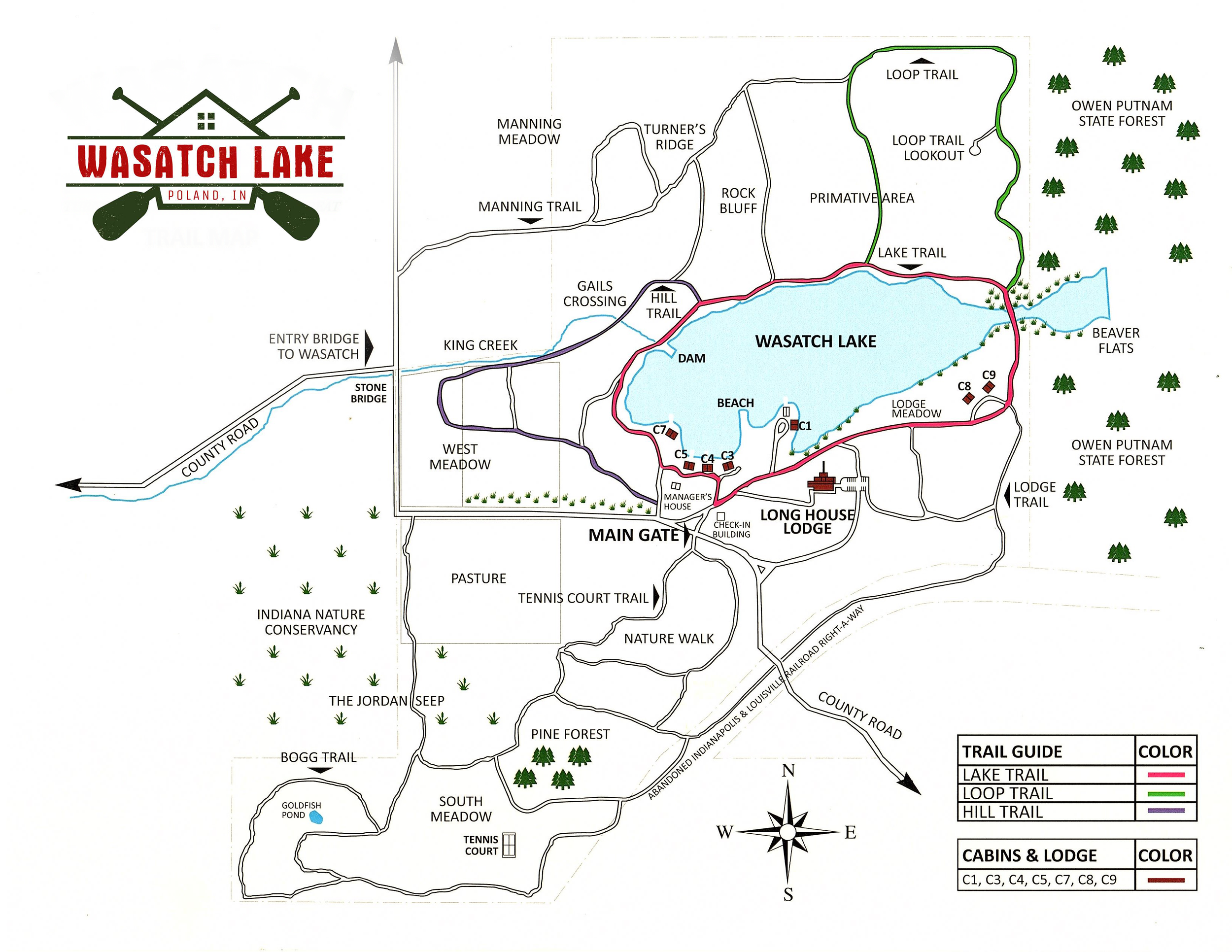 Map of Wasatch Lake in Poland, Indiana, showing trails, cabins, lodge, forest, and natural features, with legend of trail colors and cabin codes.