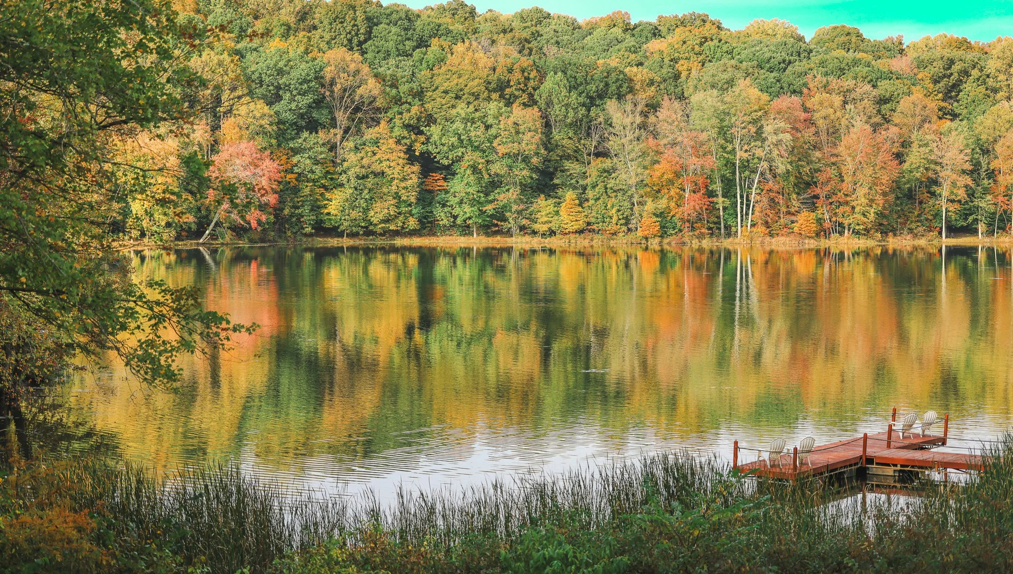 A peaceful lake surrounded by trees with colorful autumn foliage, and a wooden dock with white chairs extending over the water.
