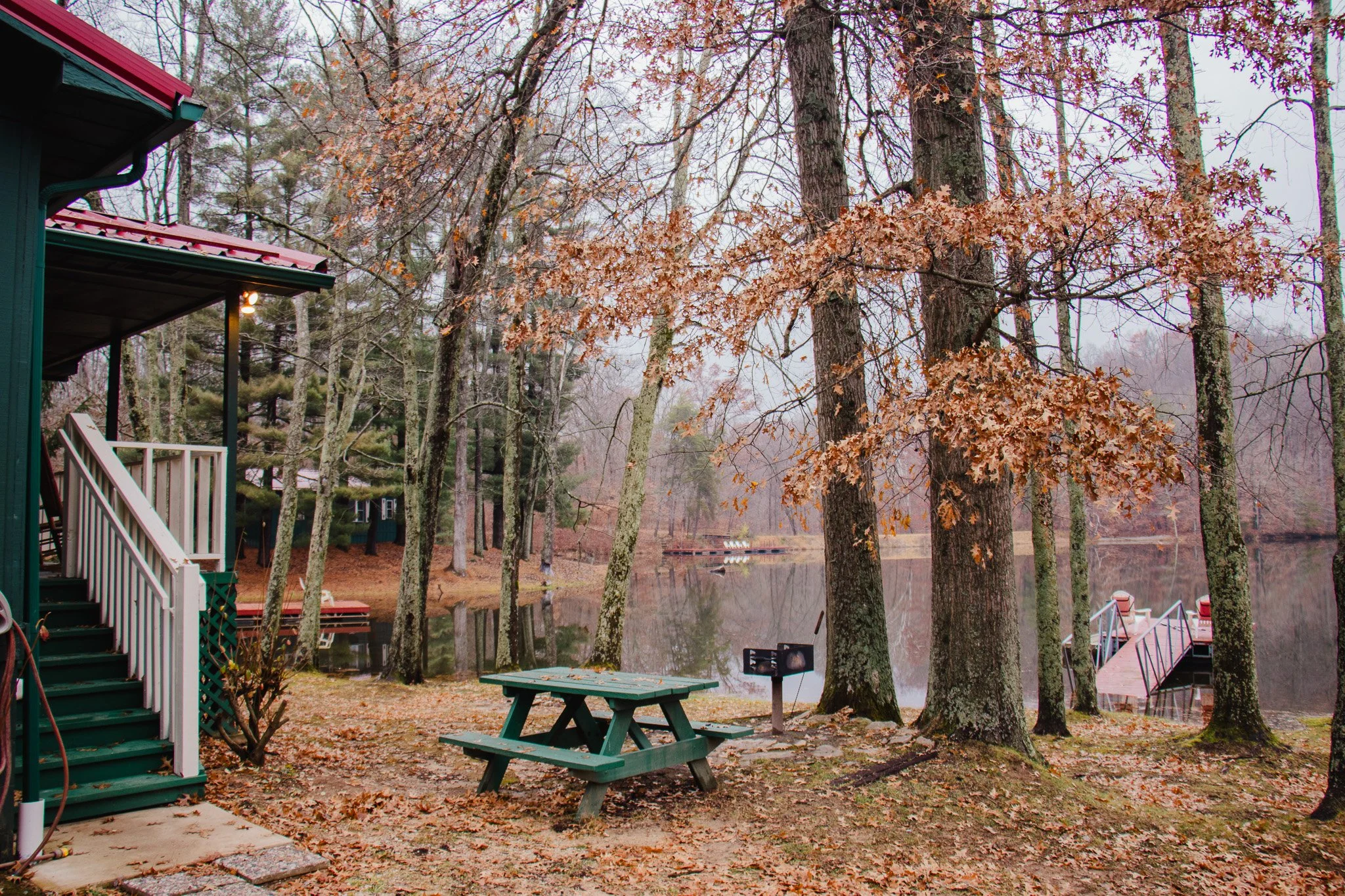 A lakeside view with trees and fallen leaves, a green picnic table, a small barbecue grill, a wooden dock extending into the lake, and a house with stairs nearby, during overcast fall.