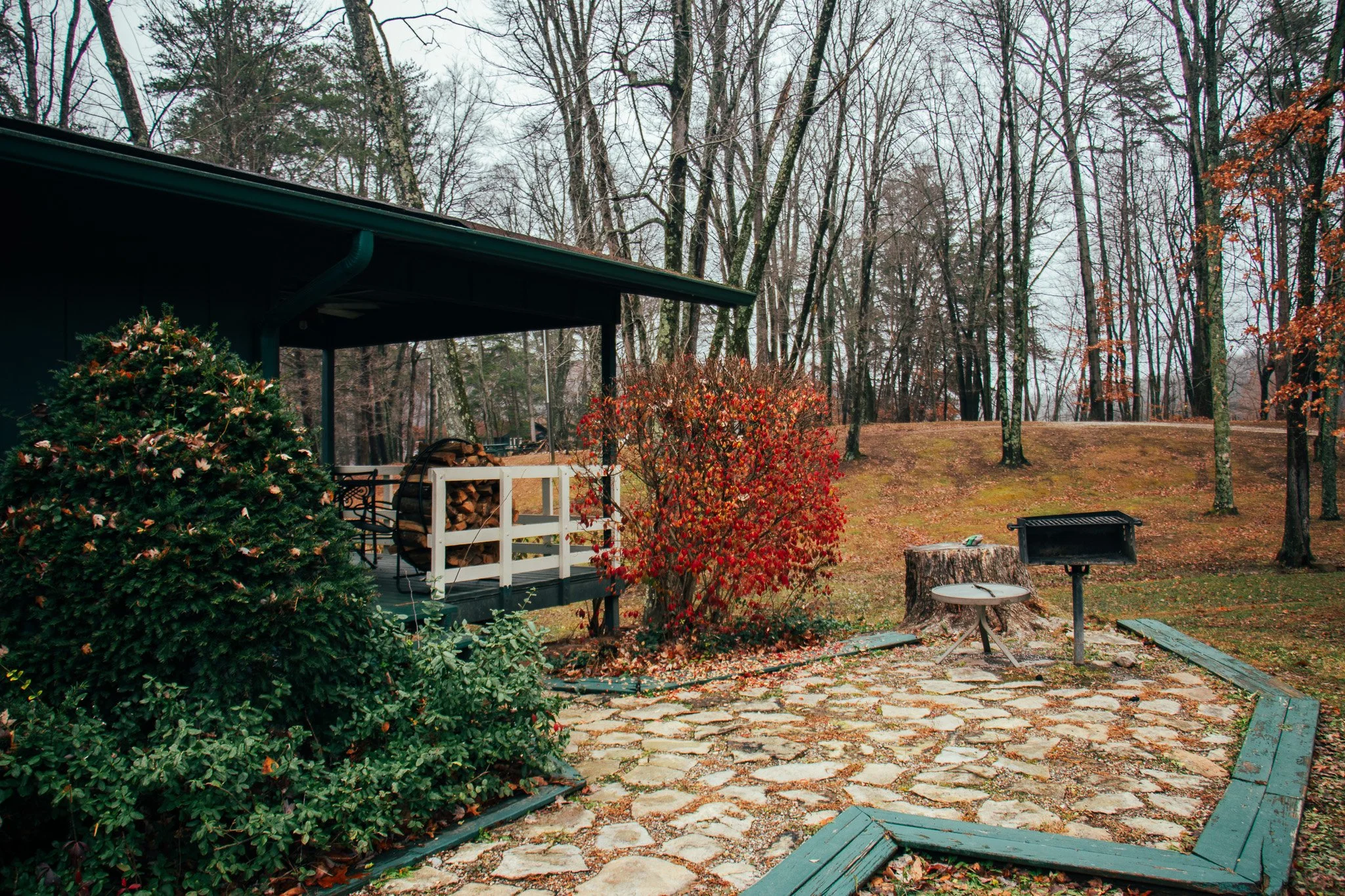 Backyard with stone patio, barbecue grill, tree stump, wooden deck, and leafless trees on overcast day