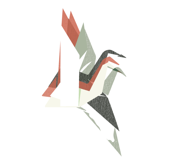 Colorful abstract geometric art with overlapping shapes in shades of white, red, gray, and black.