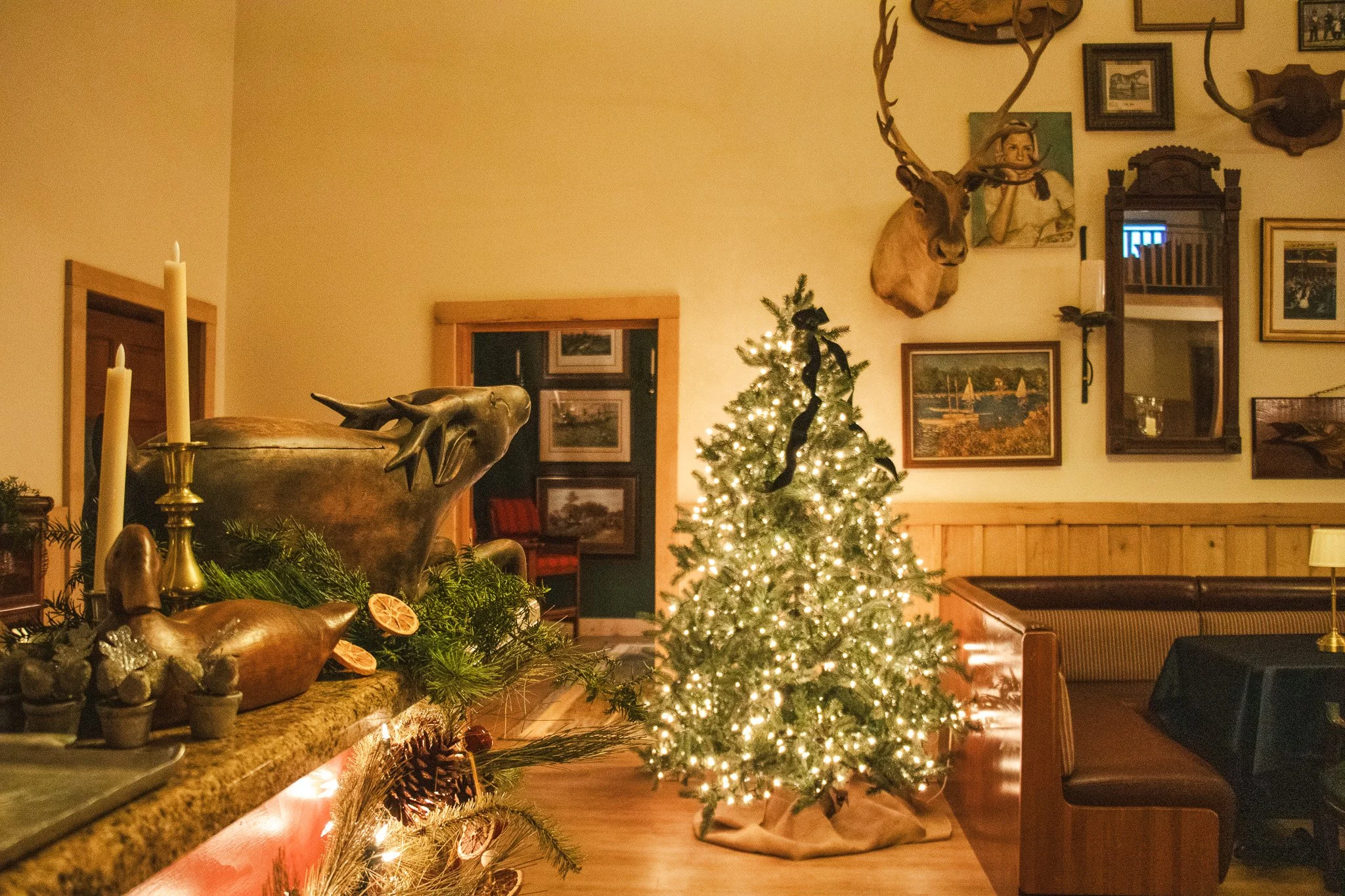 A cozy living room decorated for Christmas with a lit Christmas tree, antler mounted animal heads on the wall, framed pictures, and candles on a mantel.