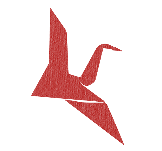 A red, stylized origami crane with black wings and a tail, set against a black background.